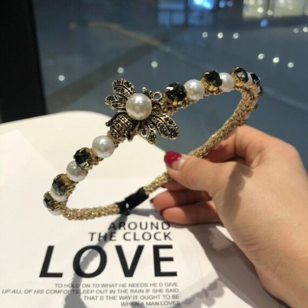Womens Baroque Bee Headbands With Crystal Rhinestone Pearl
